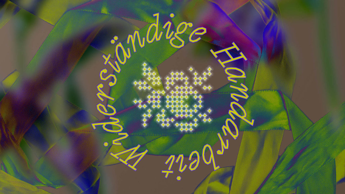 A large round signet with the title of the symposium around a floral motif on an abstract background visual of coloful ribbons.