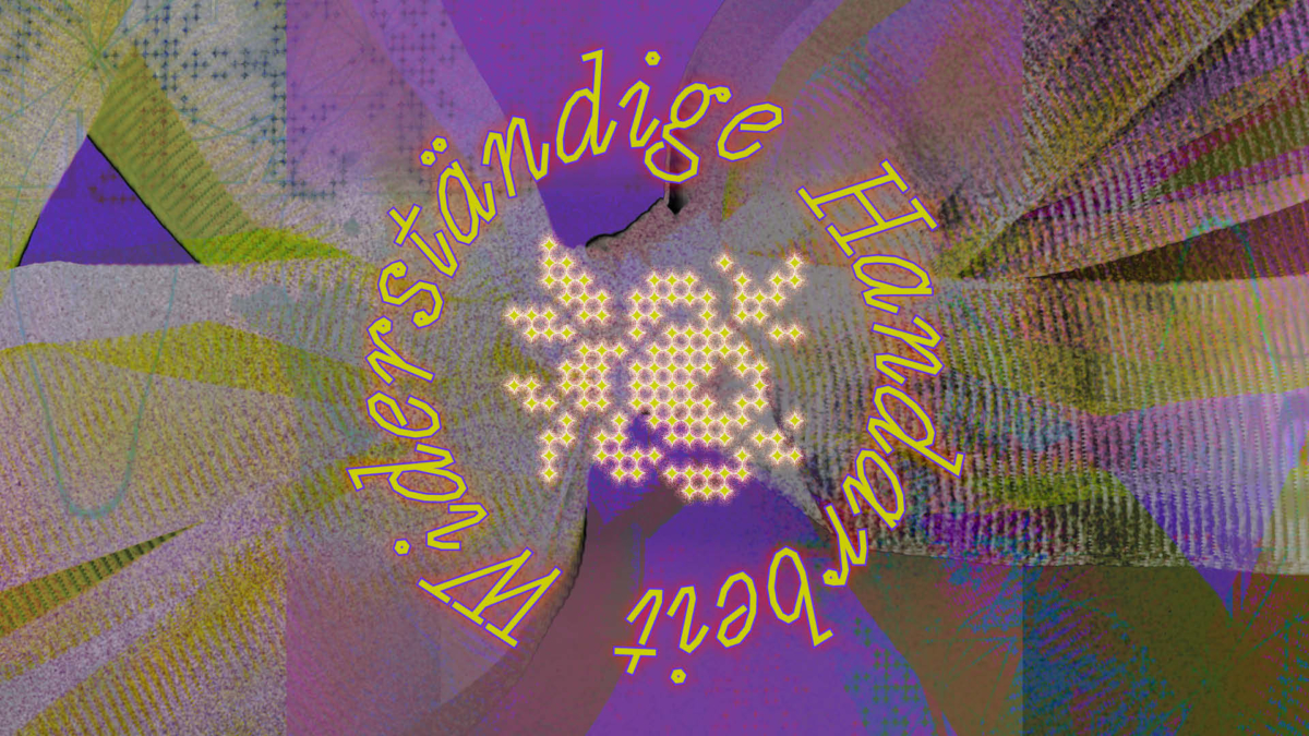 A large round signet with the title of the symposium around a floral motif on an abstract background of coloful ribbons.