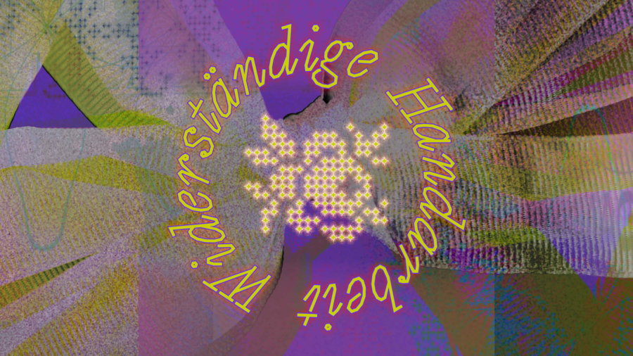 A large round signet with the title of the symposium around a floral motif on an abstract background of coloful ribbons.