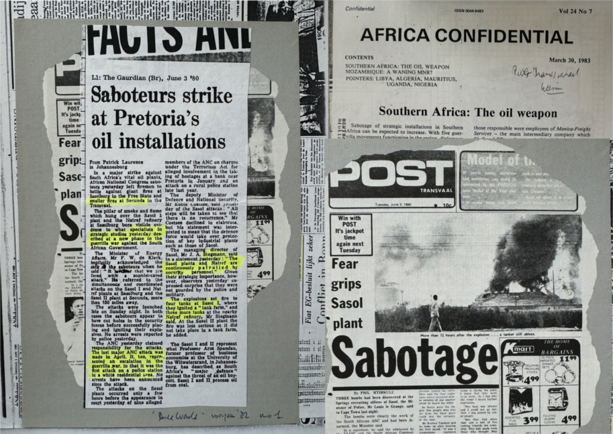 Collage of document and newspaper clippings on themes of "sabotage".