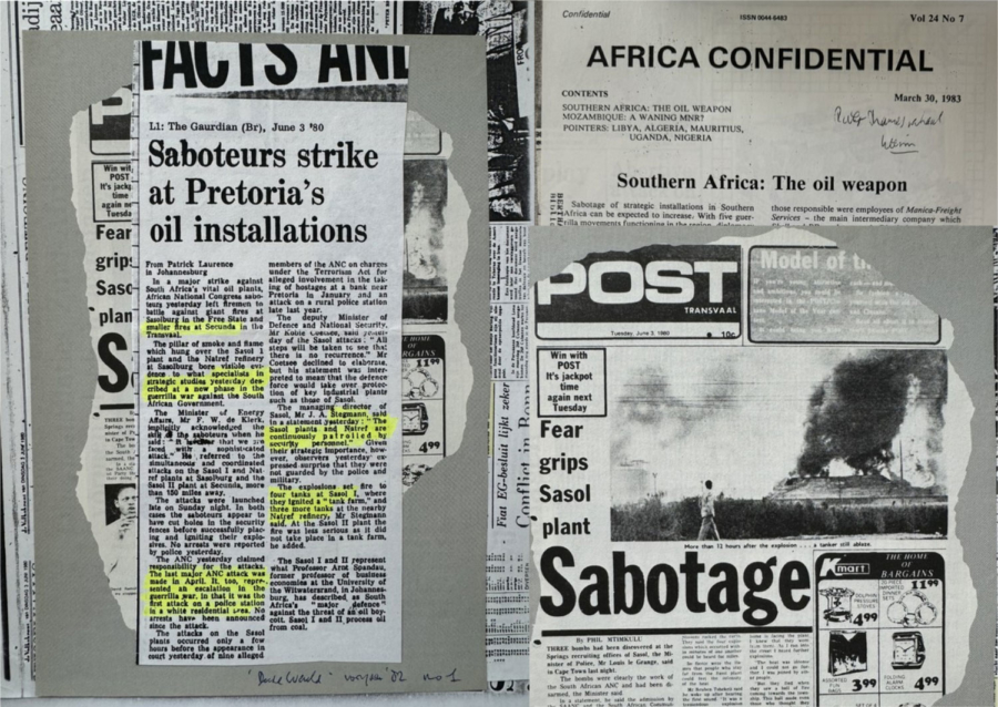 Collage of document and newspaper clippings on themes of "sabotage".